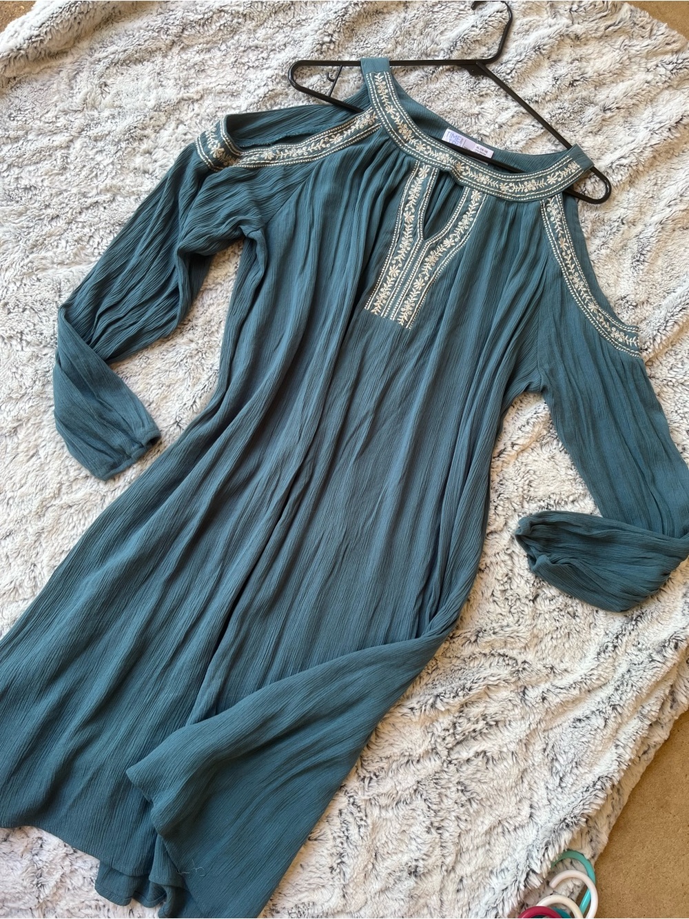 Time and Tru Teal Cold-Shoulder Embroidered Maxi Dress